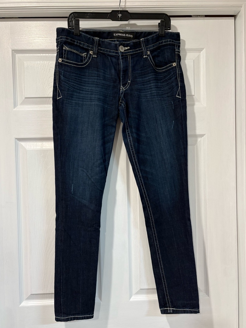 Express Women's Dark Blue Skinny Jeans with Contrast Stitching